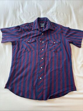 Wrangler Navy & Burgundy Striped Short-Sleeve Western Shirt